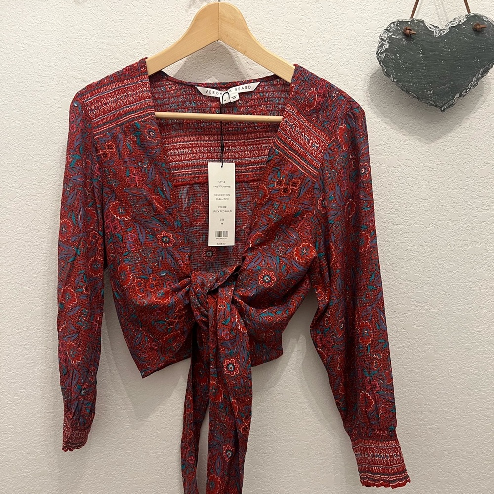 NWT Veronica Beard red multi top tie front Sarah top M